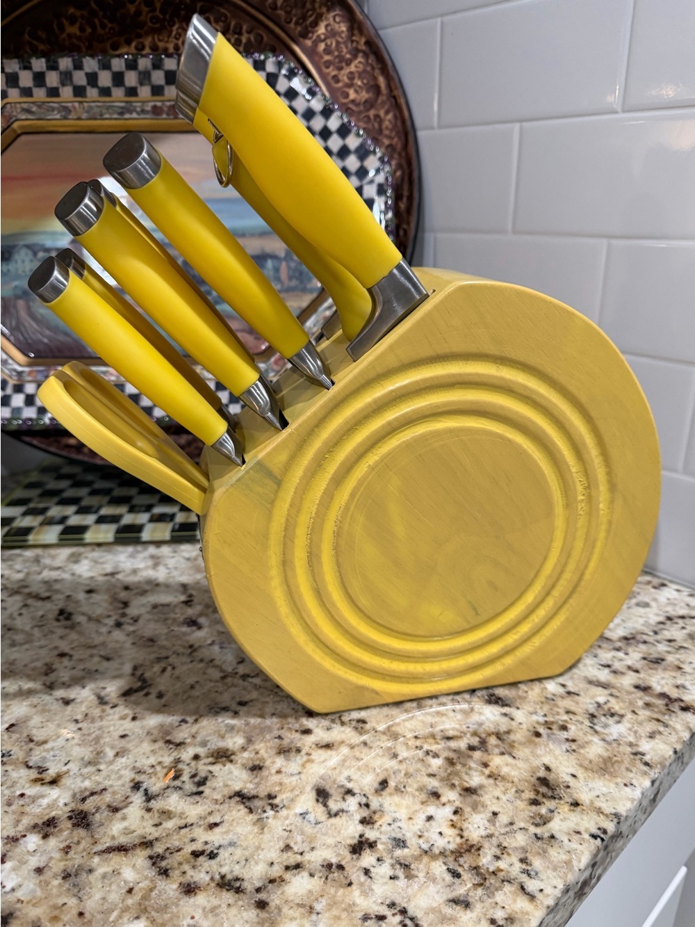 VTG Fiesta Knife Set Yellow Color Complete 10 Pieces in Wood Block Sunflower